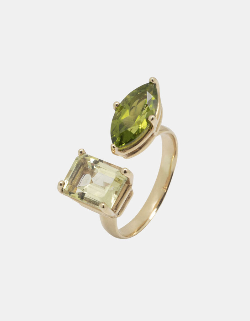 Ring with Citrine and Peridot, 14K Yellow Gold - Toi et Moi
