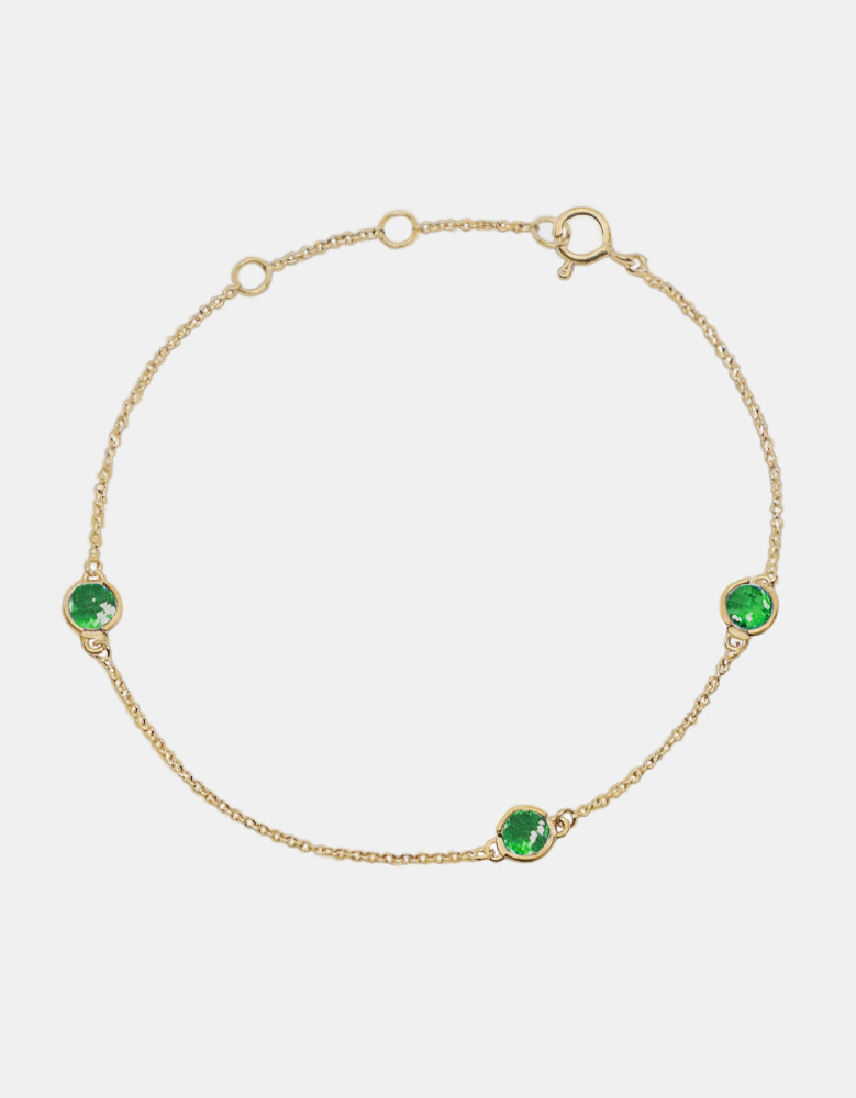 Bracelet with 3 Chrome Diopsides, 925 Sterling Silver, Yellow Gold Plated - Catch