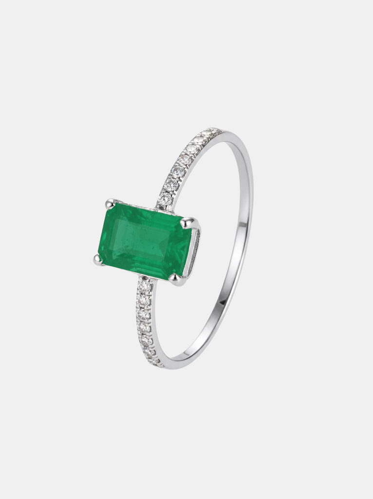 Pierścionek ze szmaragdem i diamentami, 18K białe złoto - Green Muse